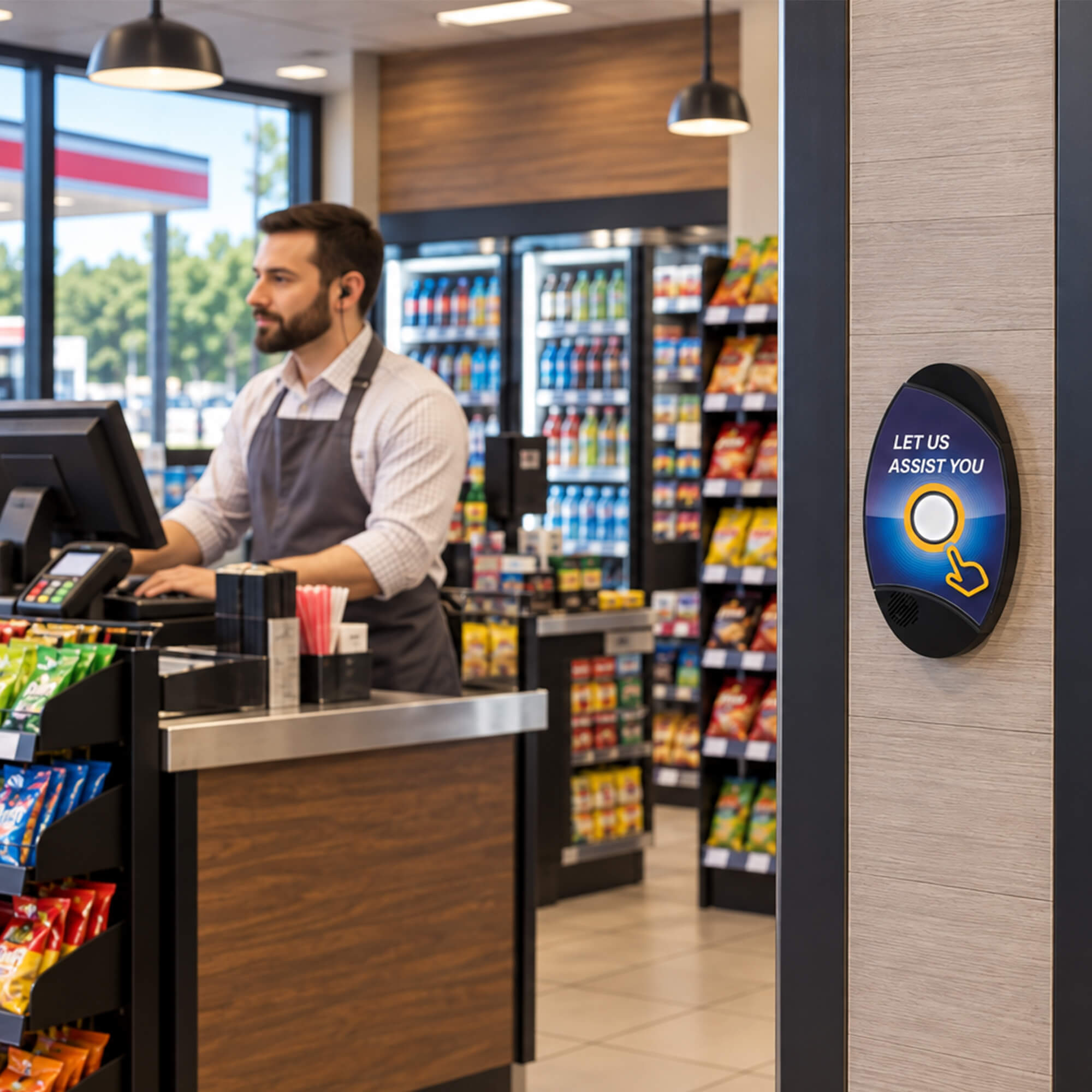 Motorola Solutions CB200 call button with wireless customer assistance alerts, easy-to-use push-button operation, and reliable communication for retail stores, hospitality, restaurants, warehouses, and business environments