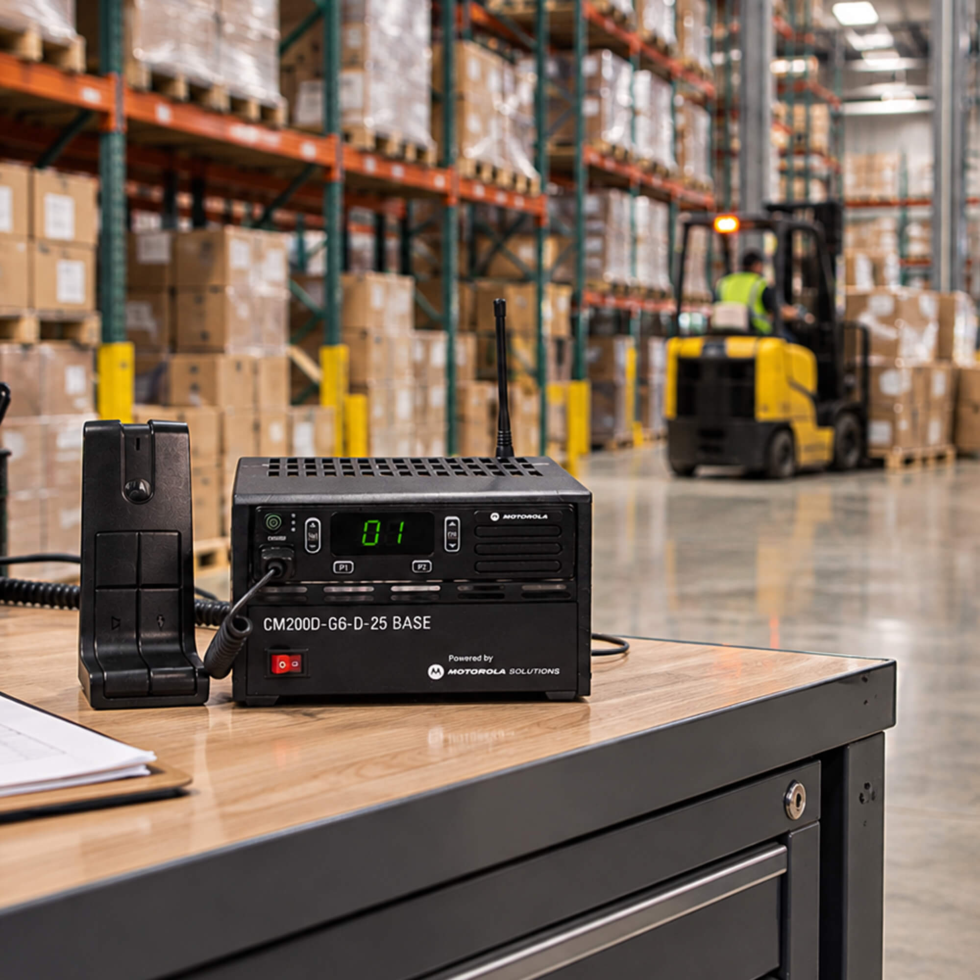 Motorola Solutions MOTOTRBO CM200d base station with analog and digital two-way communication, push-to-talk functionality, durable design, and reliable team connectivity for dispatch centers, transportation, manufacturing, security, and business operations