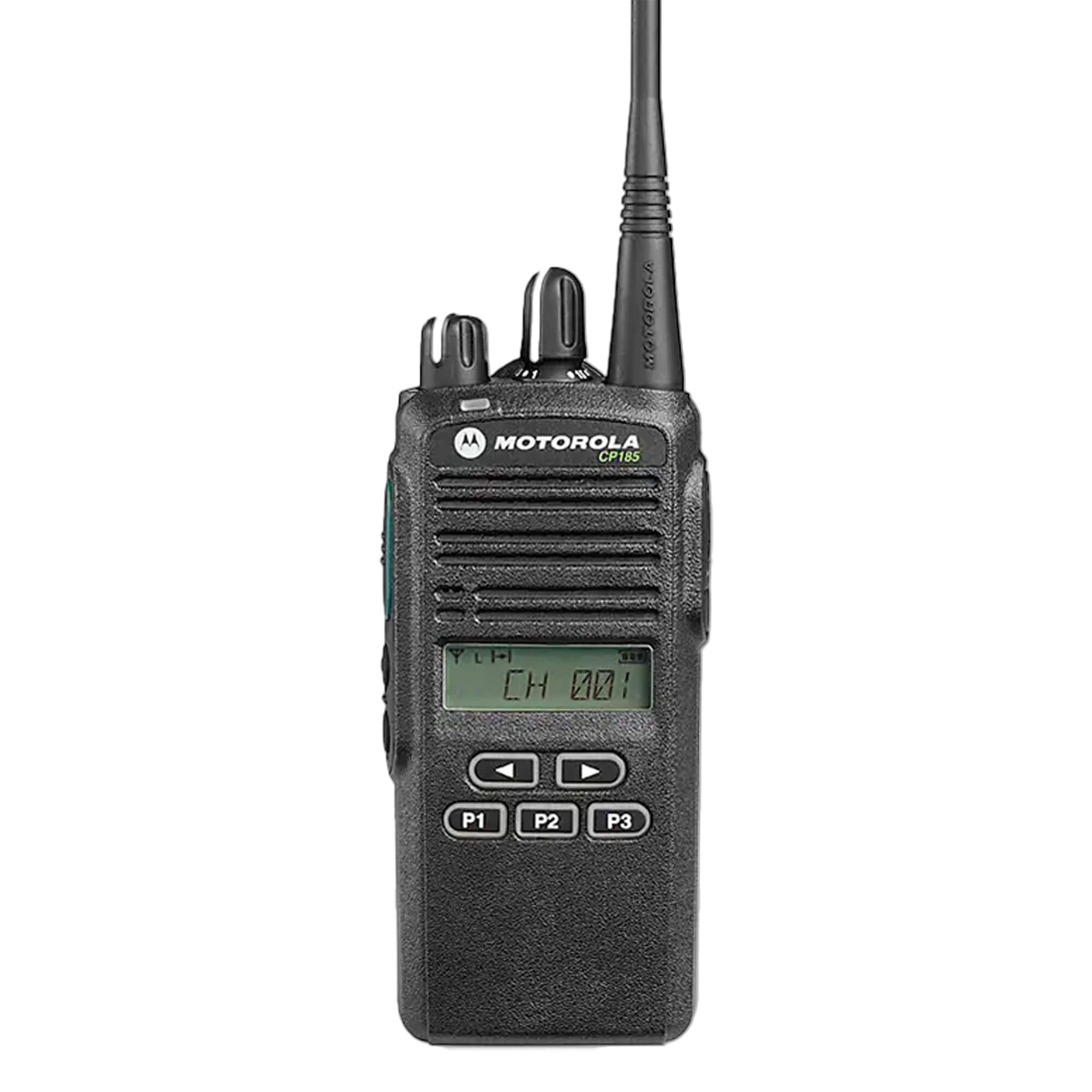 Motorola Solutions CP185 portable two-way radio with push-to-talk functionality, durable lightweight design, and reliable communication for security, hospitality, construction, manufacturing, and business operations