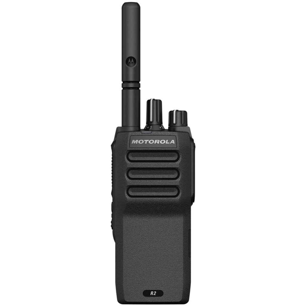 Motorola Solutions MOTOTRBO R2 portable two-way radio with analog and digital communication, push-to-talk functionality, rugged lightweight design, and reliable team connectivity for construction, manufacturing, security, and business operations