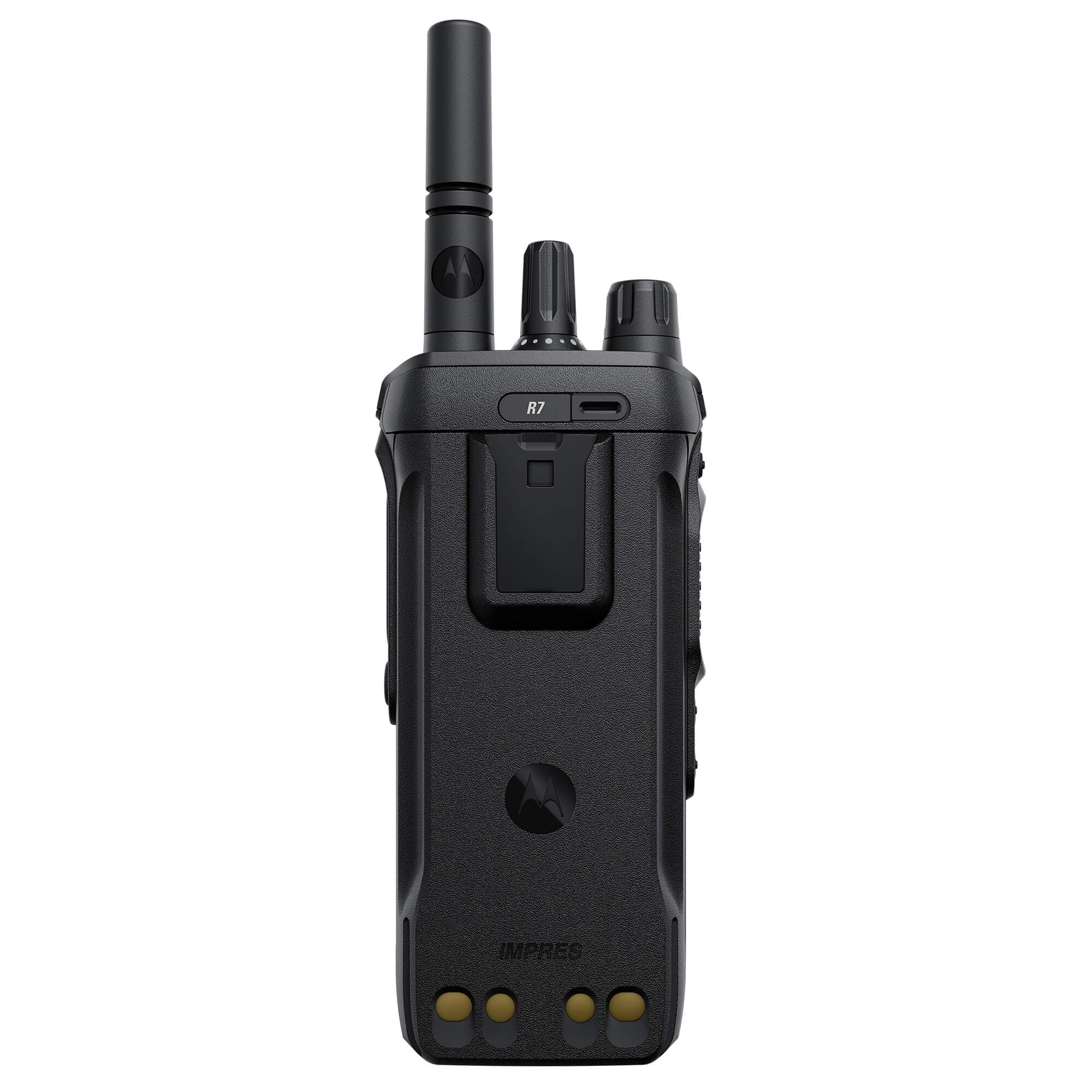 Motorola Solutions MOTOTRBO R7 portable digital two-way radio with advanced noise cancellation, clear audio, rugged waterproof design, and reliable push-to-talk communication for manufacturing, construction, security, and industrial operations