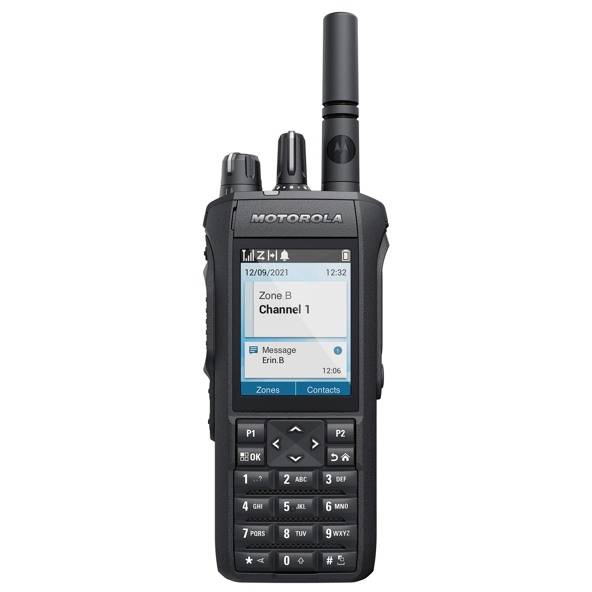 Motorola Solutions MOTOTRBO R7 portable digital two-way radio with advanced noise cancellation, clear audio, rugged waterproof design, and reliable push-to-talk communication for manufacturing, construction, security, and industrial operations