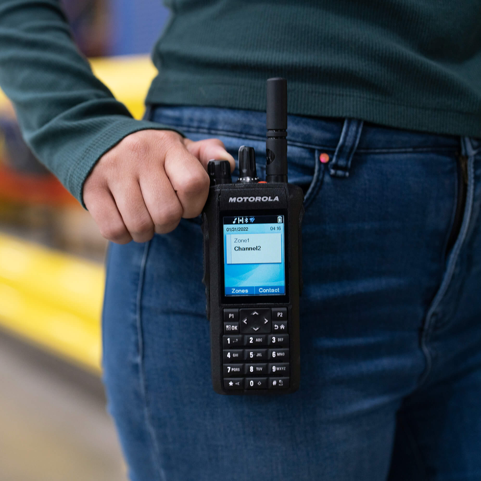 Motorola Solutions MOTOTRBO R7 portable digital two-way radio with advanced noise cancellation, clear audio, rugged waterproof design, and reliable push-to-talk communication for manufacturing, construction, security, and industrial operations