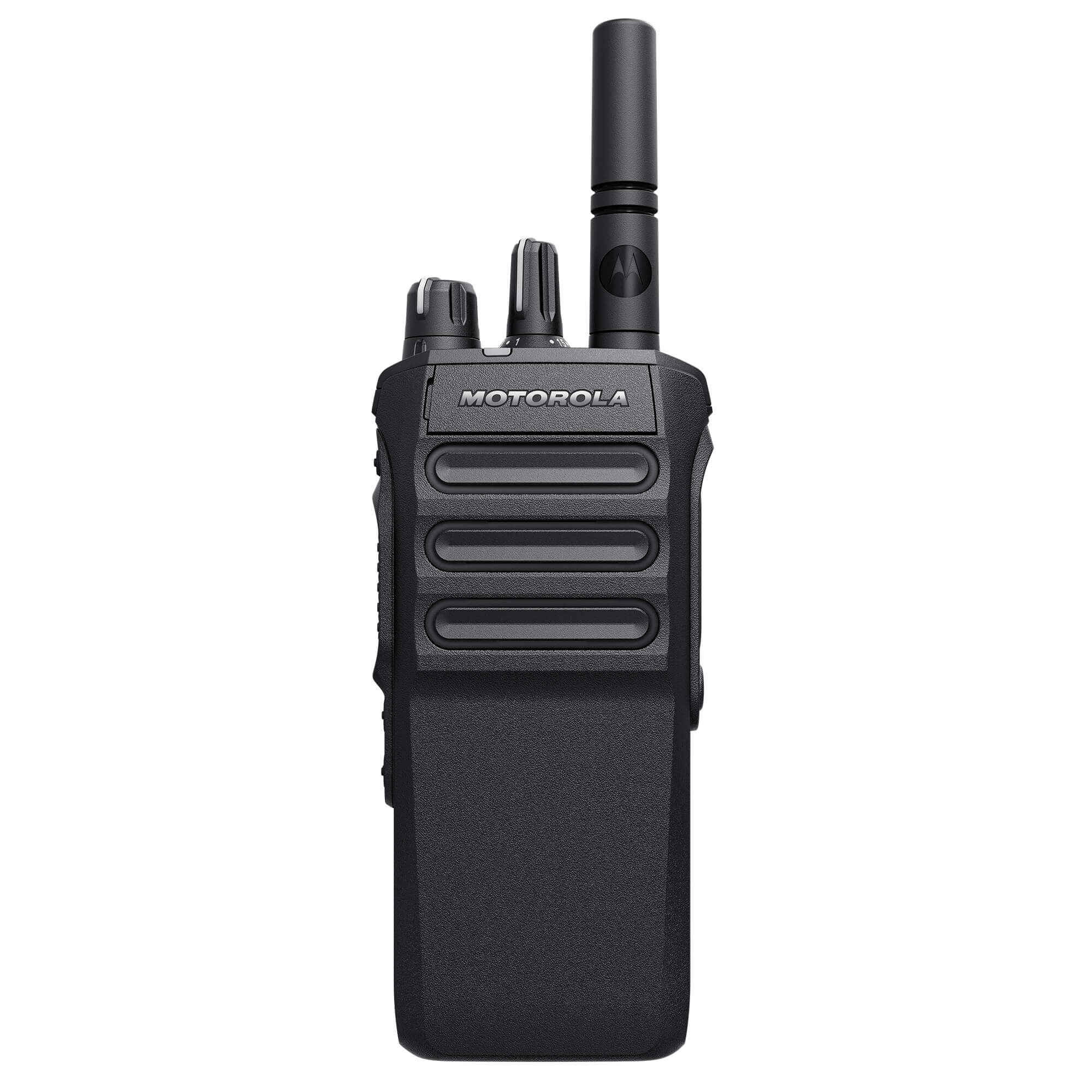 Motorola Solutions MOTOTRBO R7 portable digital two-way radio with advanced noise cancellation, clear audio, rugged waterproof design, and reliable push-to-talk communication for manufacturing, construction, security, and industrial operations