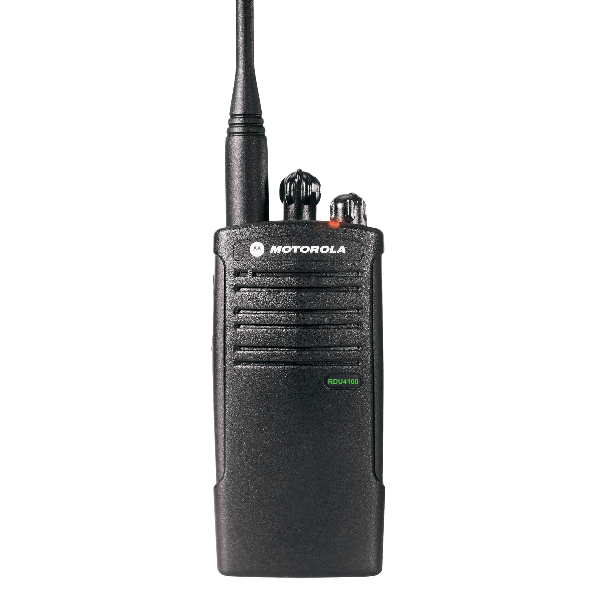 Motorola Solutions RDU4100 RDX Series portable UHF two-way radio with 10-channel communication, push-to-talk functionality, rugged design, and reliable team connectivity for construction, manufacturing, security, and business operations