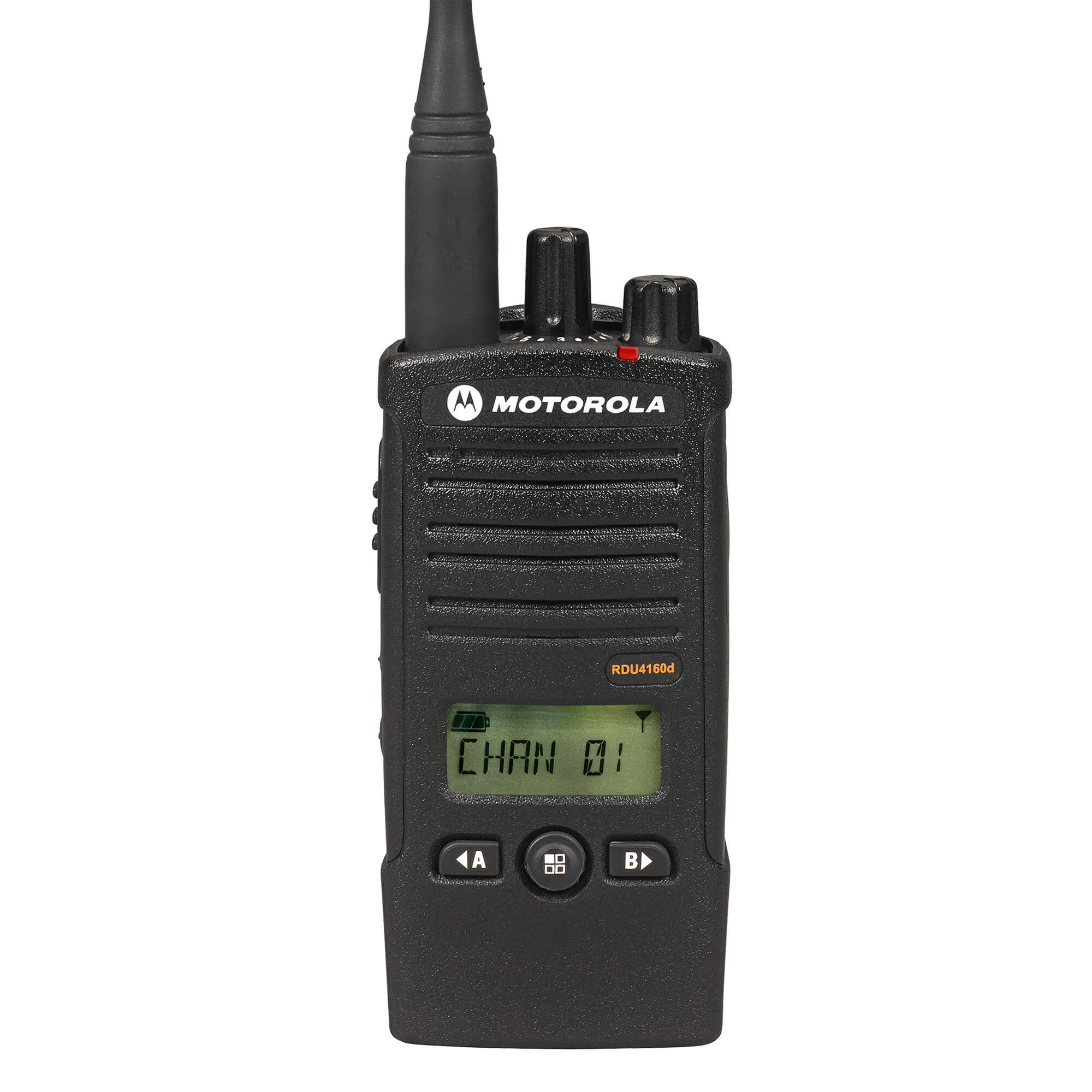 Motorola Solutions RDU4160d RDX Series portable UHF two-way radio with 16-channel communication, display screen, push-to-talk functionality, rugged design, and reliable team connectivity for construction, manufacturing, security, and business operations
