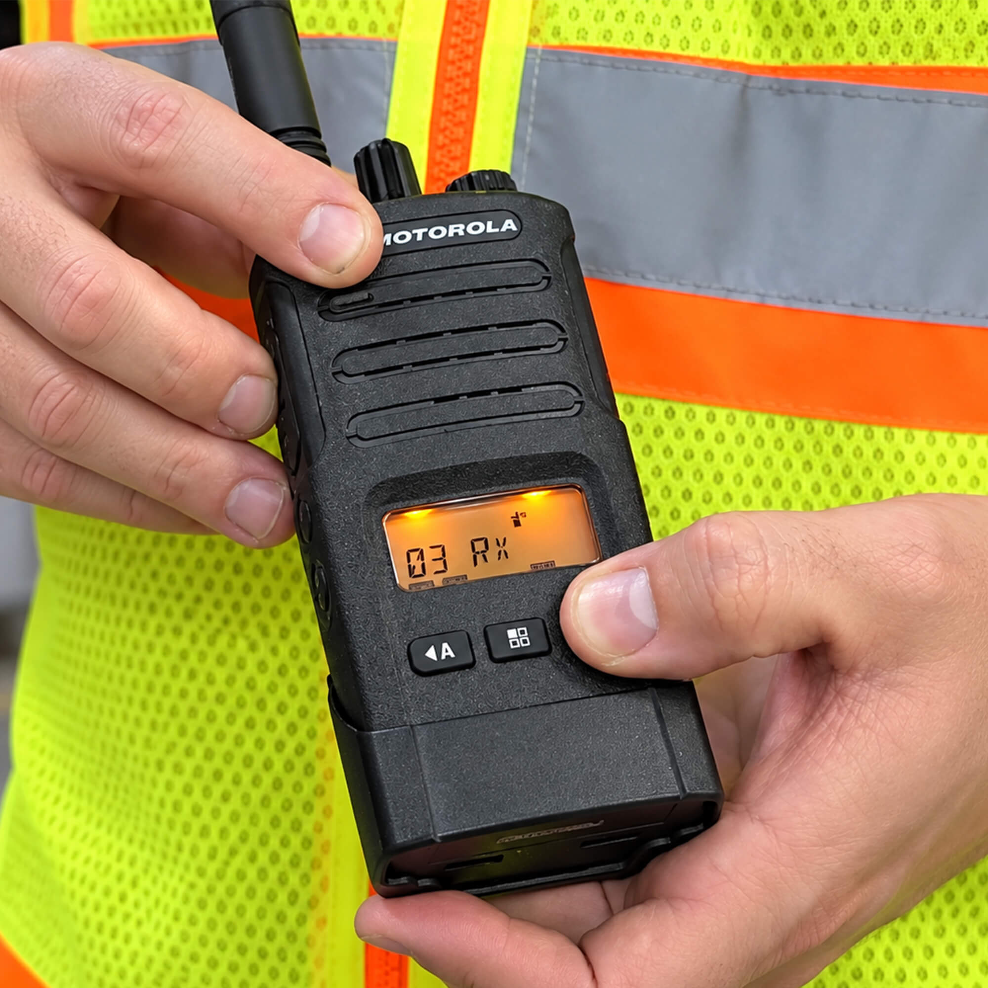 Motorola Solutions RMU2080d RM Series portable UHF two-way radio with eight-channel communication, display screen, push-to-talk functionality, rugged design, and reliable team connectivity for construction, manufacturing, security, retail, and business operations