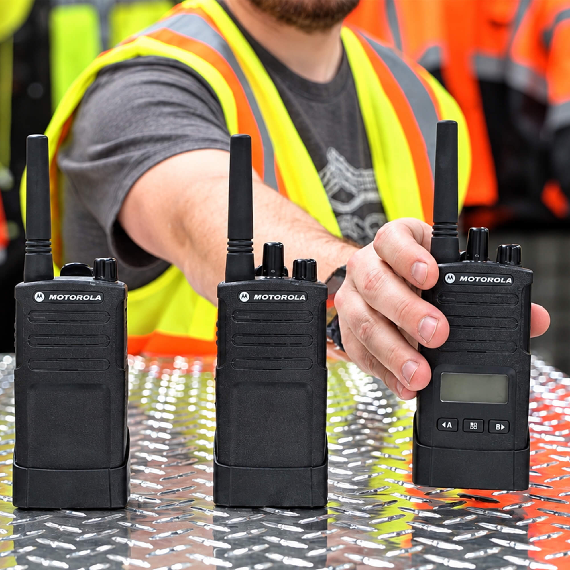 Motorola Solutions RMU2080d RM Series portable UHF two-way radio with eight-channel communication, display screen, push-to-talk functionality, rugged design, and reliable team connectivity for construction, manufacturing, security, retail, and business operations